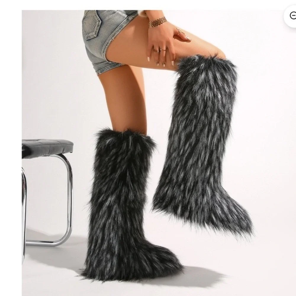 Faux Fur Shaggy Salt Pepper Grey Festival Knee High Yeti Mukluk Boots Size 8 NEW